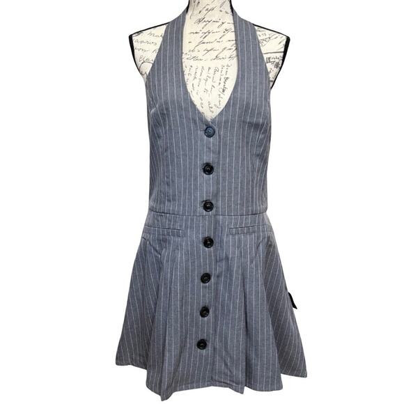 Lulus Size XL Posh Attraction Grey Pinstriped Button-Front Halter Mini Dress NEW - Picture 1 of 10